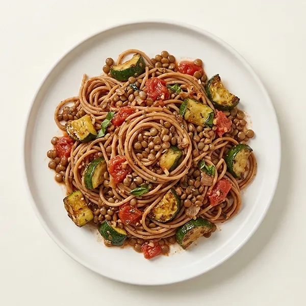 Herbed Tomato Lentil And Spaghetti With Zucchini